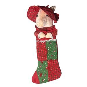 Vintage Smithy Plush Pig Christmas Stocking 18 in Quilted Red Green 80s 90s